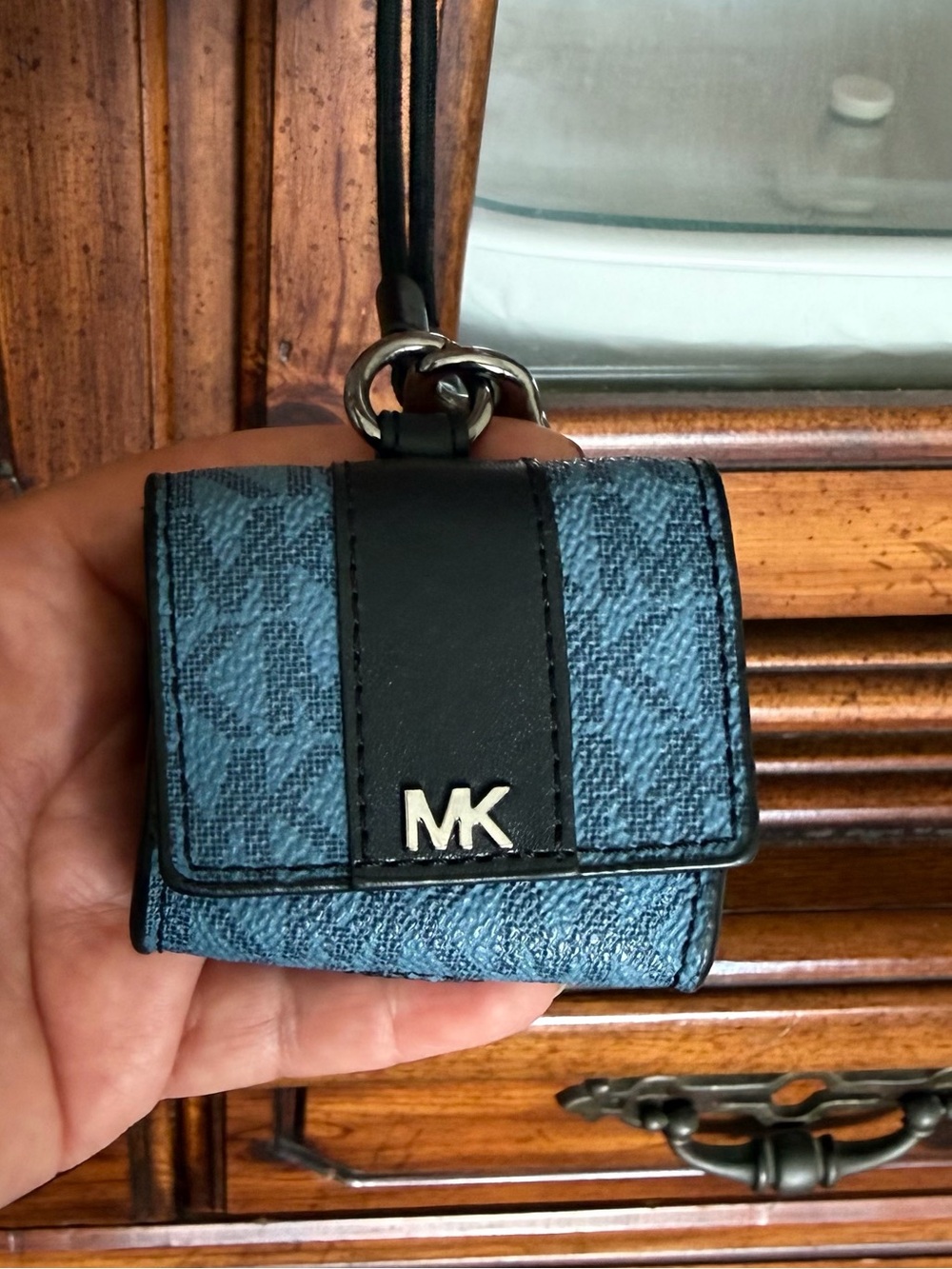 Michael Kors Blue Leather MK earphones case Holder with Lanyard